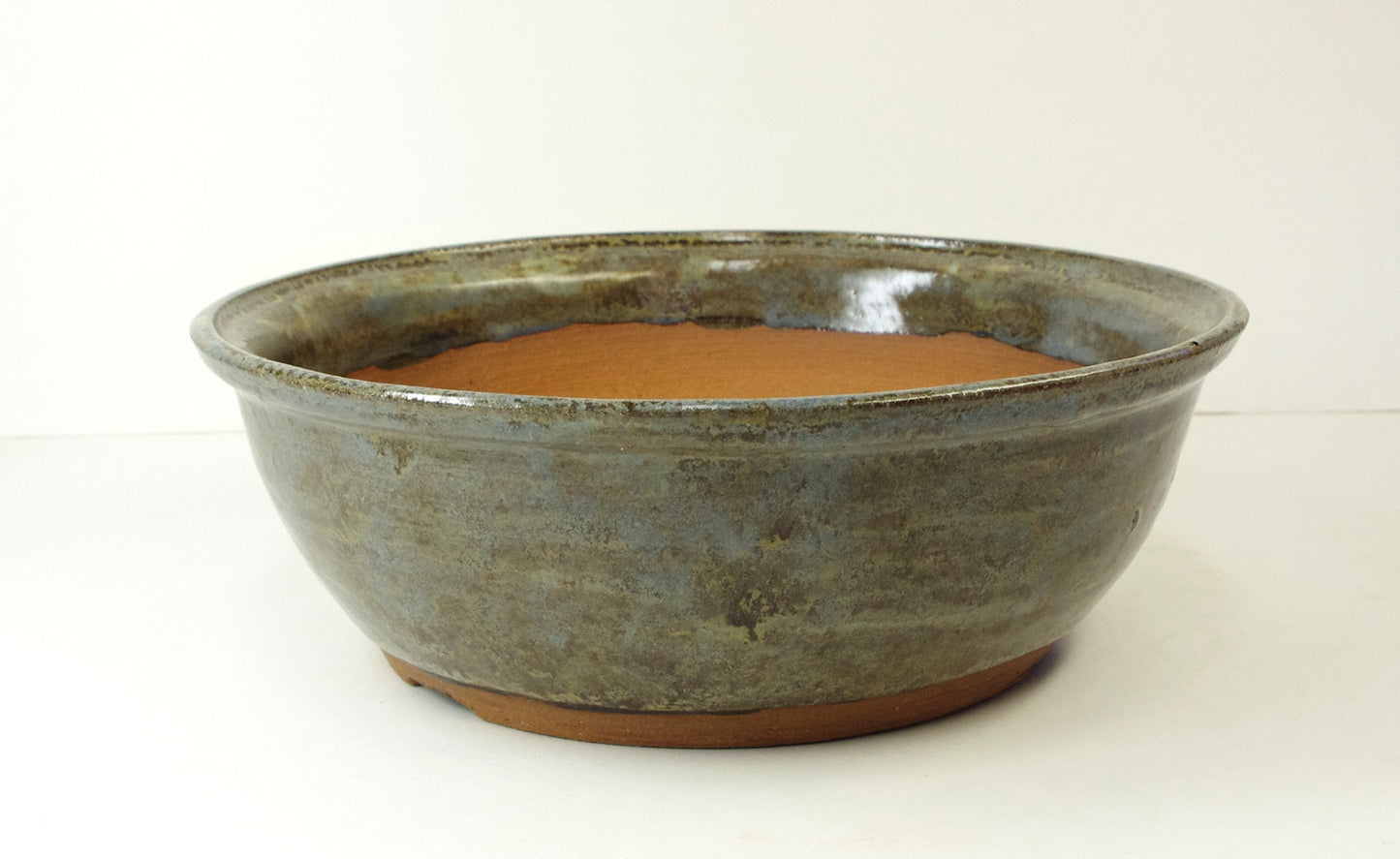 2083, Hand Thrown Stoneware Bonsai Pot, Extra Wire Holes, Blues, Greens, Browns, 8 1/8 x 2 7/8