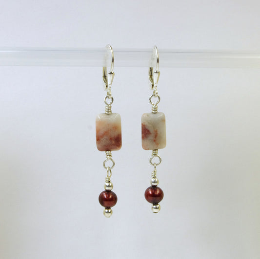 Handmade Sterling Pearl and Agate Gemstone Earrings by White Horse Pottery