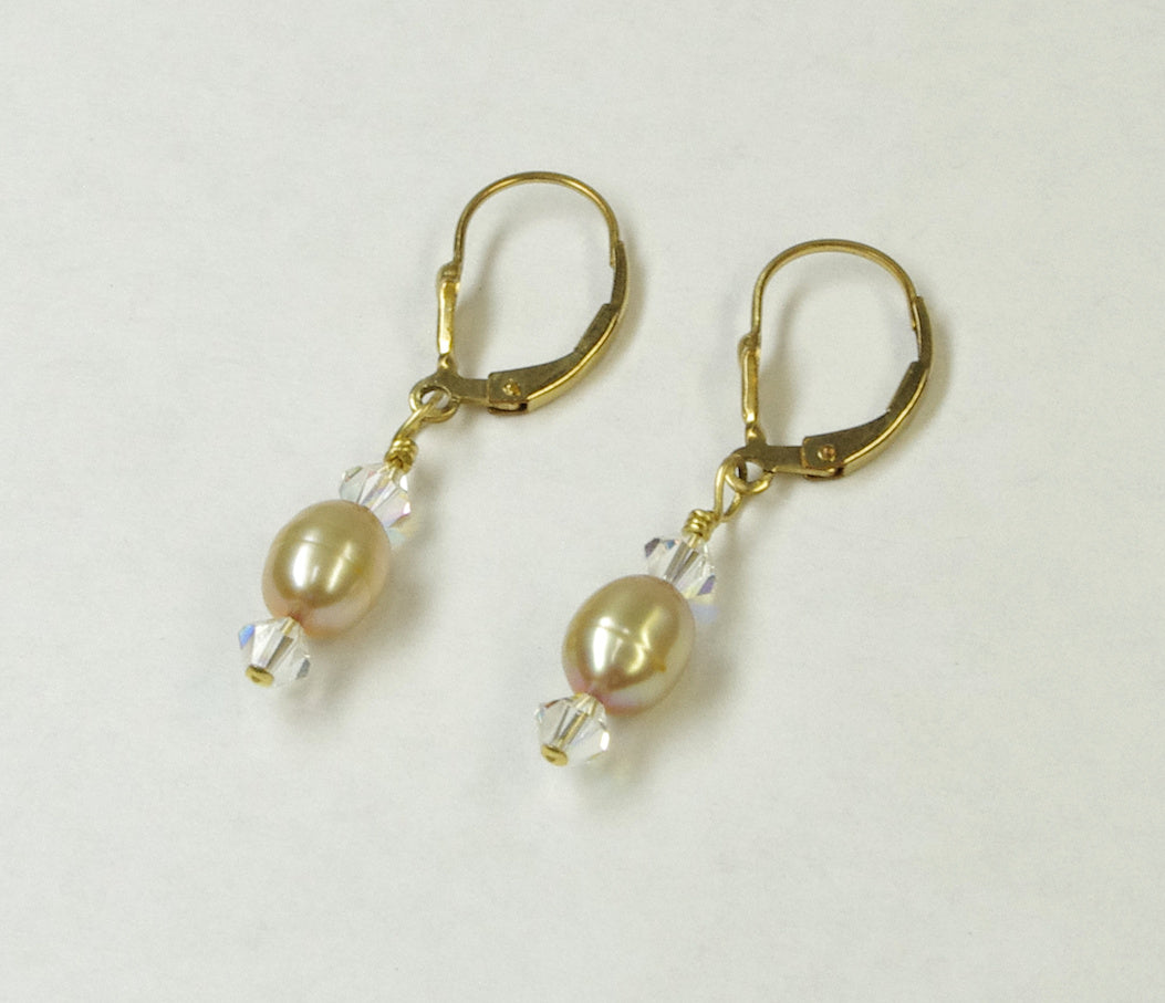 J341003  Crystal and Dyed Gold Fresh Water Pearl  Earrings
