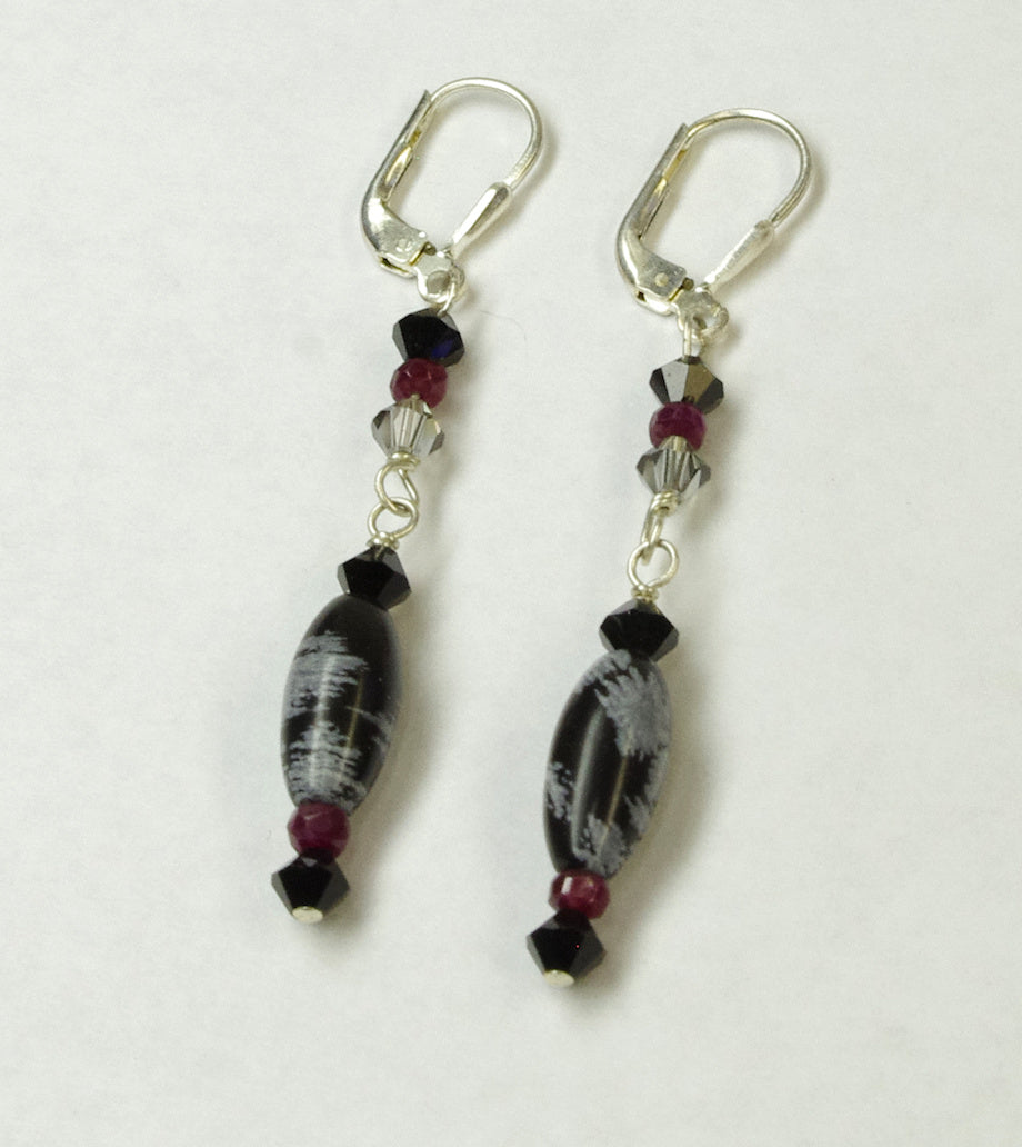 Snowflake Obsidian, Ruby and Crystal, Sterling Silver Earrings