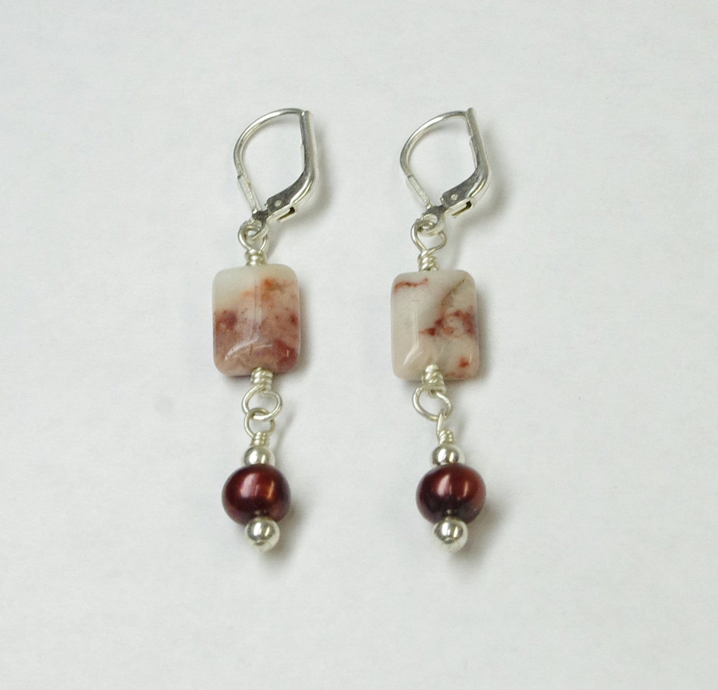 Dyed Black Cherry Pearl and Black Cherry Pink Lace Agate Sterling Silver Earrings
