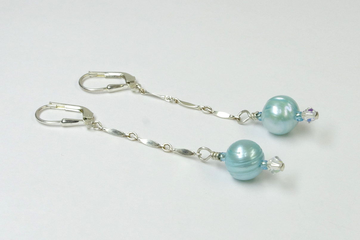 Aqua Dyed Fresh Water Pearl and Crystal on Long Sterling Silver Chain Earrings
