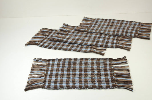 Hand Woven Mug Rugs, Blue Brown, Organic Cotton, handmade by White Horse Pottery